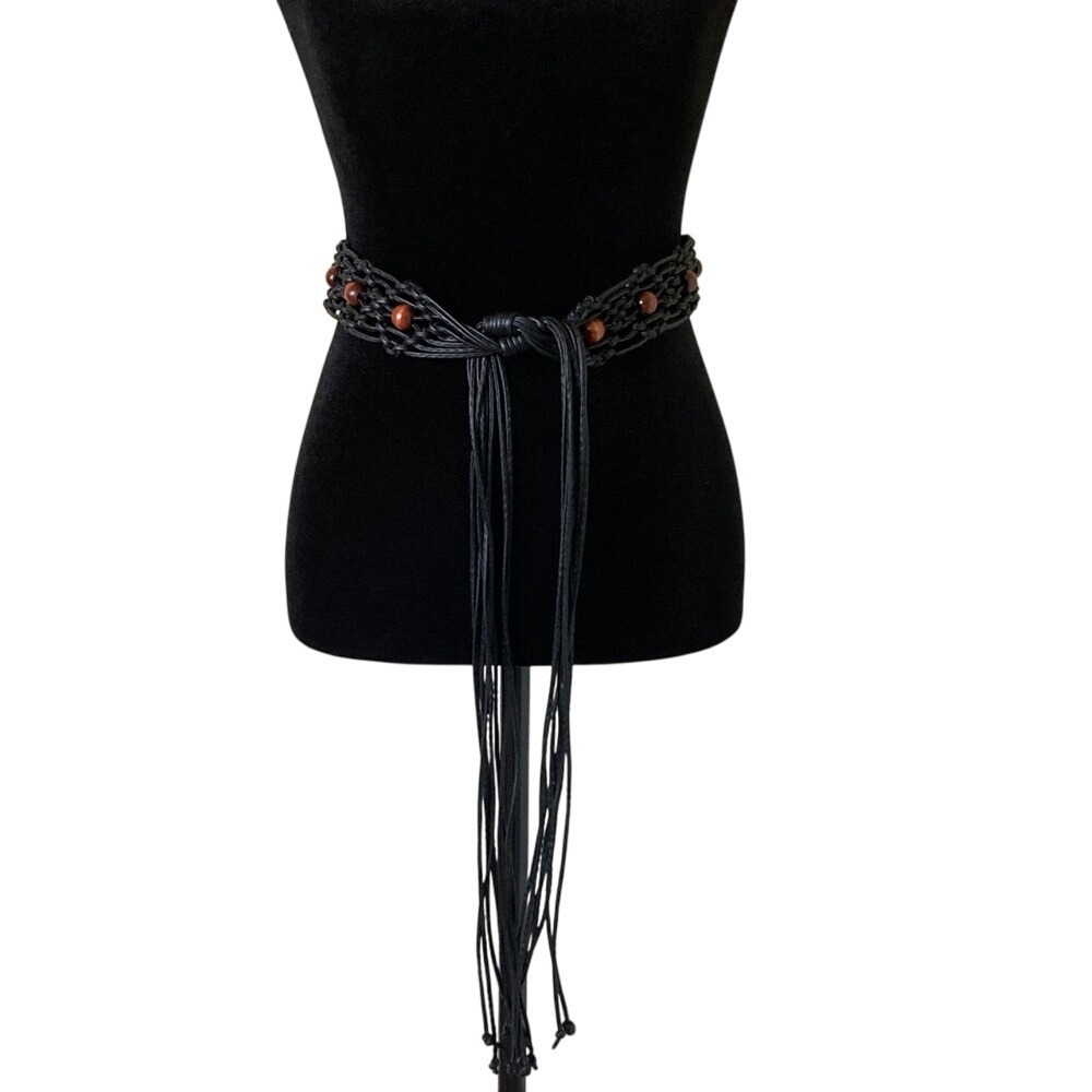 Womens Elegant Black Braided Belt Brown Beaded Accents Size Small Hippie‎ Boho